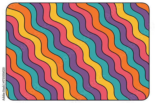 1960s hippie background with wavy stripes. Trippy retro backdrop. Psychedelic 60s-70s party concept. Bright acid rainbow colors. Groovy geometric abstract wavy pattern.