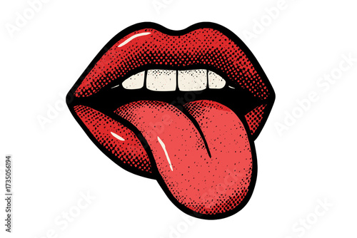 Pop art red lips with tongue sticking out. Sexy woman's mouth in retro comic style. Rock and roll attitude. Provocative vector illustration with halftone dot texture.