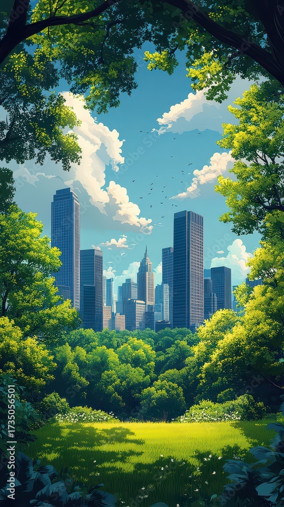 Fototapeta premium Cityscape viewed from lush green park.