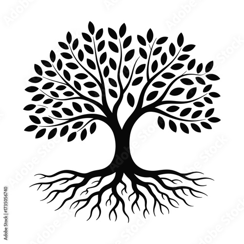 Stylized silhouette of a tree with visible roots