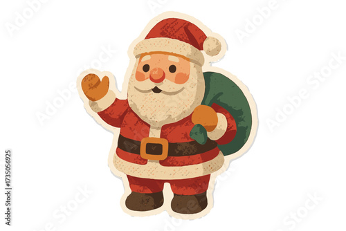 Cute Santa Claus character waving with a gift sack. Christmas torn paper sticker in naive halftone collage style. Vector vintage cartoon illustration for winter holidays.