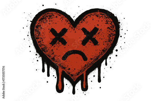 Bleeding heart icon in urban graffiti style. Sad emoticon with dead eyes and dripping paint. Textured hand drawn vector. Street art, grunge concept of heartbreak, sadness.