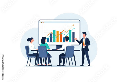 Business meeting with financial charts on screen isolated on transparent background