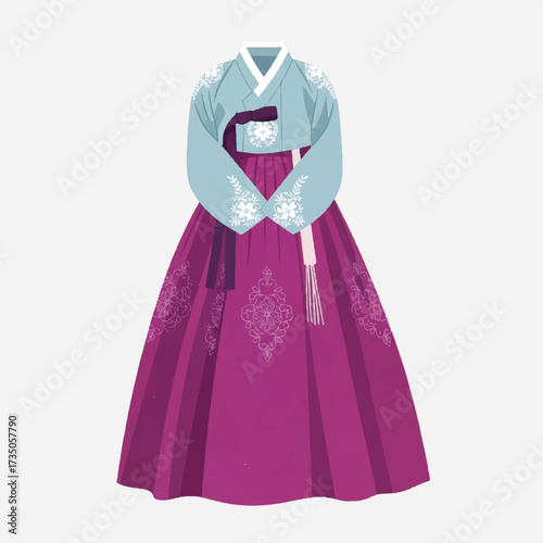 Illustration of a traditional Korean Hanbok dress in shades of pink and blue with intricate designs on a white background.
