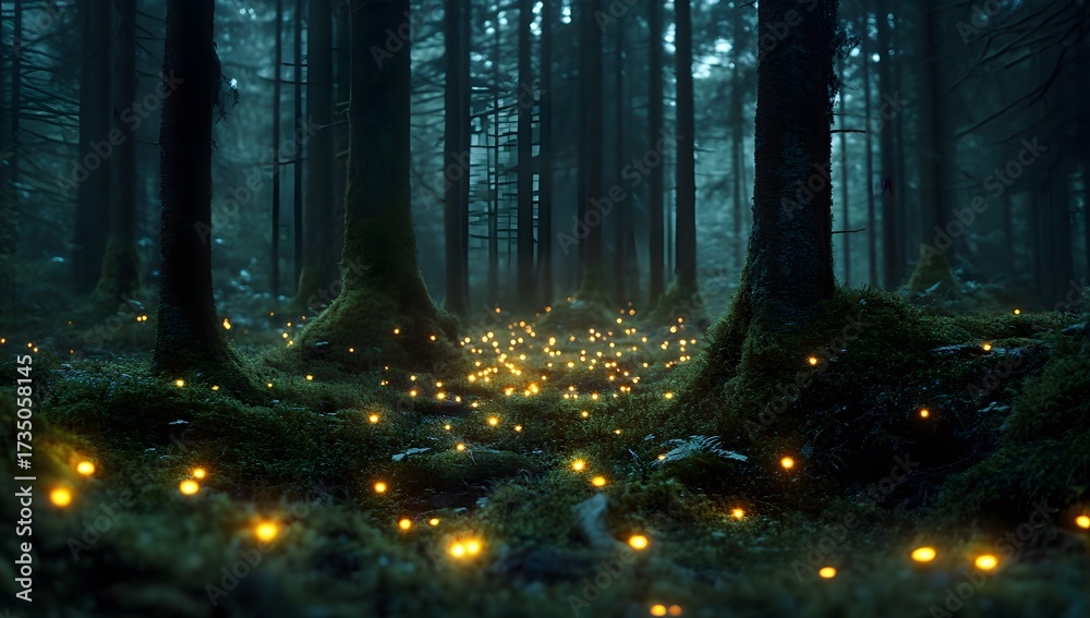 Fototapeta premium Mossy trees in dense forest illuminated by gentle sunlight