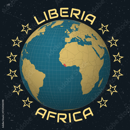 Republic of Liberia on Globe. Country name round text. Vintage look with grunge scratched texture. Country view on world map in Sky Blue Light Yellow color palette. Liberia shape on map.