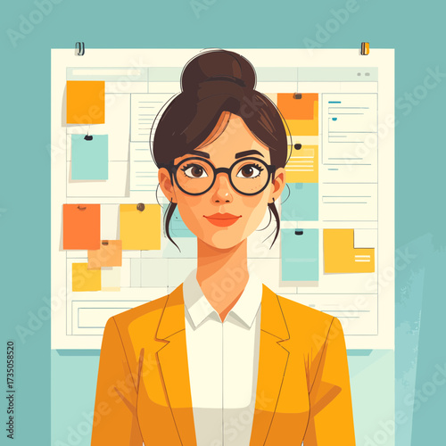 A modern illustration of a woman in a yellow blazer and glasses, representing digital & creative professions and the future of work
