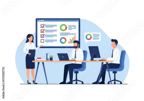 Business team analyzing charts and data on a whiteboard isolated on transparent background