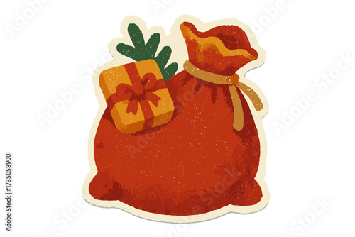 Santa's sack with gift. Christmas torn paper sticker in naive collage style. Vintage vector illustration. Holiday present bag. Retro cartoon graphic for Xmas design.