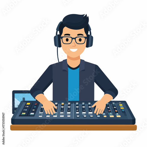 An illustrated audio engineer working at a mixing console, representing modern Digital & Creative Professions in media production