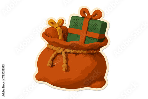 Santa's sack with gifts. Christmas torn paper sticker in naive collage style. Vector vintage clay illustration. Festive holiday presents in a bag cartoon. Xmas surprise decoration.