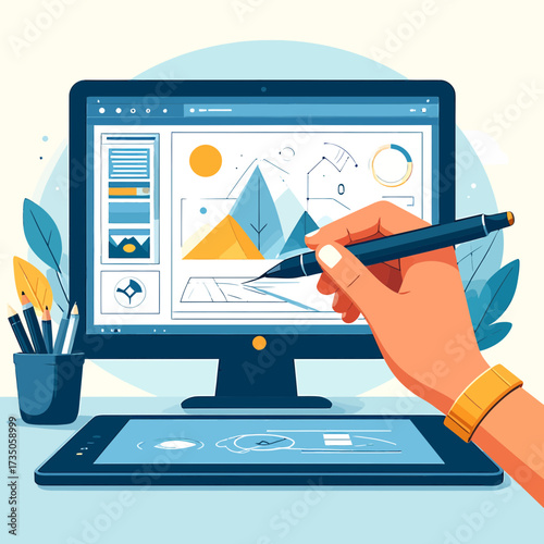 Illustration of a hand using a stylus on a graphics tablet connected to a computer, showcasing digital design.