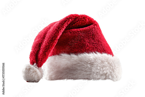 Festive red Santa hat with fluffy white trim, perfect for holiday celebrations and adding cheerful touch to any outfit. This iconic accessory symbolizes joy of season