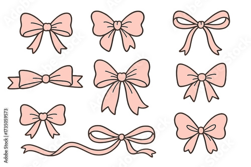 Coquette aesthetic pink bows collection. Hand drawn vector clipart set of cute girly ribbons. Fashion decoration elements for valentine's day, birthday gifts and crafts.