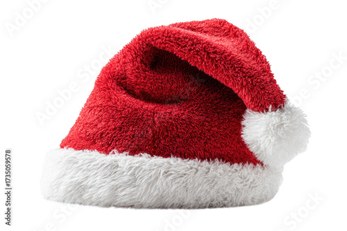 Festive red Santa hat with fluffy white trim and pom pom, perfect for holiday celebrations and adding cheerful touch to Christmas attire