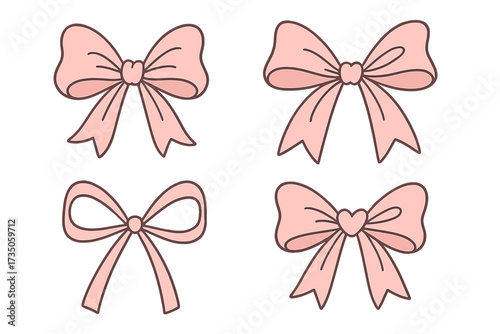 Coquette aesthetic bows set. Crafts pink ribbon, linear gift bow clipart. Fashion decoration for valentine, birthday elements. Vector hand drawn cartoon illustration for girls.