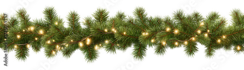Stylish Christmas garland made of green pine branches adorned with warm white lights, creating festive and inviting atmosphere for holiday celebrations