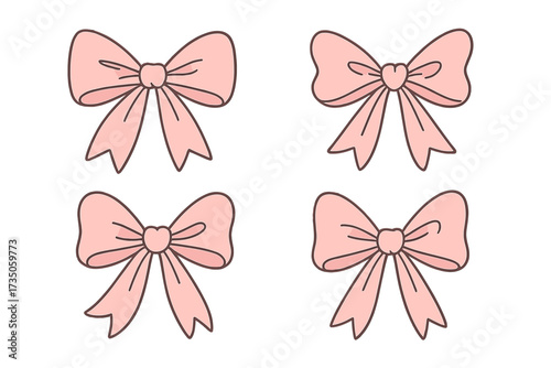 Vector set of hand-drawn pink bows in a coquette aesthetic style. Cute linear ribbon clipart for gift decoration, fashion, crafts, and Valentine's day cartoon elements.