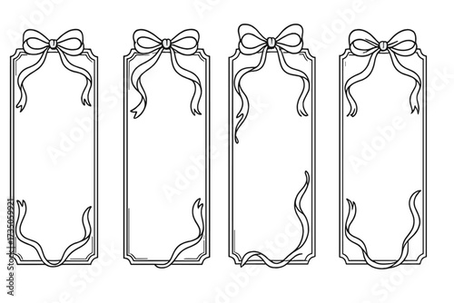 Elegant set of vertical frames with hand-drawn ribbon bows. Coquettish line art vector borders with flowing contours for invitations, cards, certificates, and diplomas.