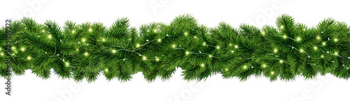 Stylish Christmas garland made of green pine branches adorned with twinkling lights, perfect for festive decorations and creating warm holiday atmosphere