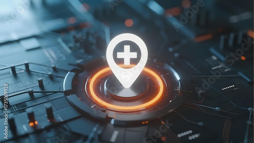 Digital healthcare location icon on a futuristic circuit board interface