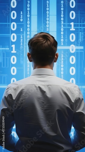 Man in business attire facing a digital binary code background