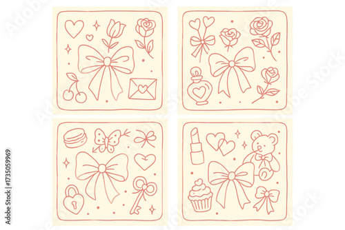 Coquette aesthetic greeting card set. Romantic line art doodle collection with girly elements like bows, ribbons, hearts, flowers, love letter, lipstick, teddy bear for Valentine's day.