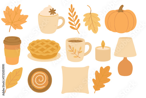 Cozy autumn hygge set. Vector collection of fall elements. Pumpkin spice latte, apple pie, leaves, candle, home decor. Flat illustration in Scandinavian pastel colors.