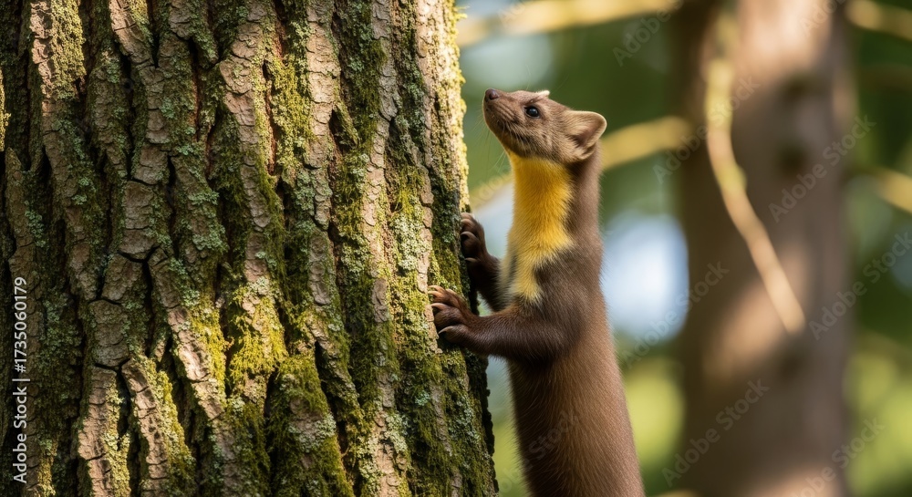 Obraz premium Curious Pine Marten Gazing Upward, Climbing Mossy Tree Trunk, Forest Wildlife.