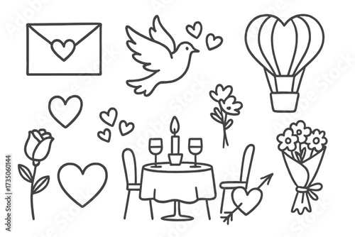 Cute hand drawn romantic doodle clipart set. Imperfect aesthetic for Valentine's Day. Linear vector icons: love letter, dove, hot air balloon, rose, bouquet, romantic dinner.