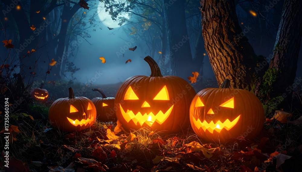 Fototapeta premium Eerie Halloween Night Forest Scene with Glowing Jack-o'-Lanterns and Full Moon