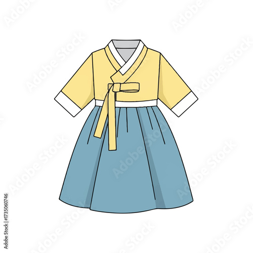 Illustration of a traditional Korean Hanbok dress with vibrant yellow and blue colors, featuring a wrap-style top and full skirt on a clean white background.