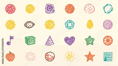 Childlike crayon drawings depicting simple shapes and objects. Ideal for childrens educational materials, storybooks, and playful design projects.