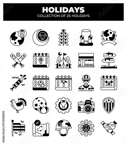 Collection of 25 Holidays. Icons and Symbols of Festive Occasions
