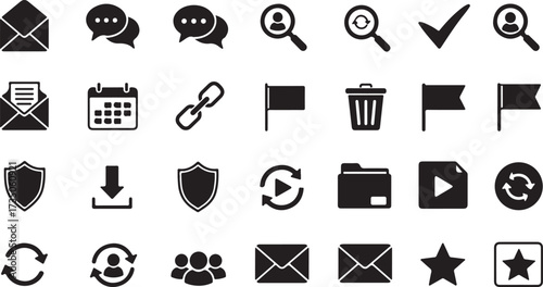 Black icons for communication and business on white background