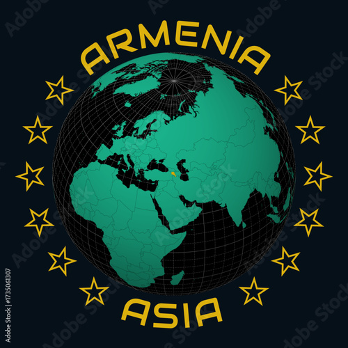 Armenia on Globe. Round country and continent name text. Country view on world map in Black Emerald color palette. Armenia shape on map. Elegant vector illustration.