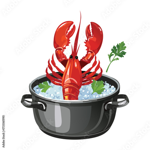 Fresh Raw Lobster Chilling on Crushed Ice in a Black Pot, Garnished with Parsley for a Market Display - Vector Illustration	