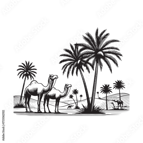 Desert Scene with Camel and Palm Tree