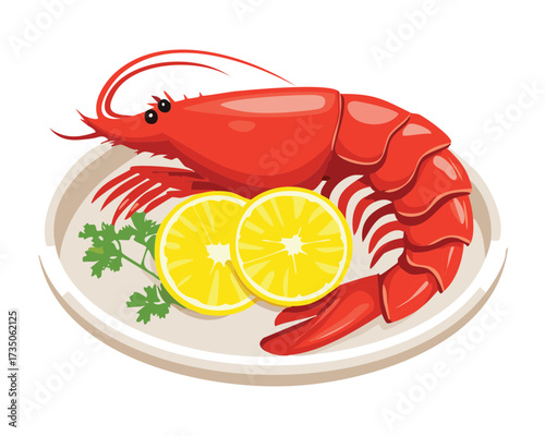 Top-Down View of a Cooked Red Lobster on a Round White Plate, Accompanied by Juicy Lemon Slices and Herbs - Vector Illustration	