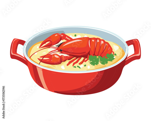 Traditional Lobster Bisque Served in a Small, Deep Red Bowl, Featuring a Half Lobster Tail Submerged in Cream Sauce - Vector Illustration	