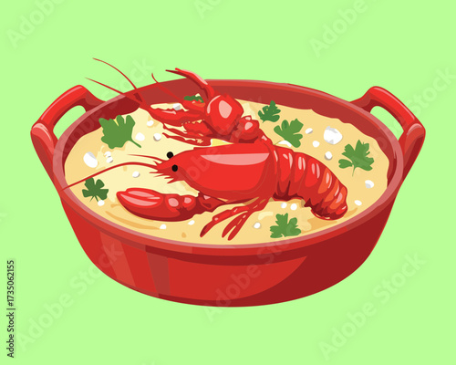 Elegant Bowl of Creamy Lobster Soup or Bisque, Richly Flavored and Garnished with Parsley for a Luxurious Meal - Vector Illustration	