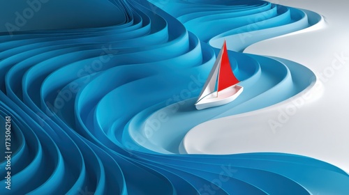 Red sailed boat on wavy stylized sea serene voyage artful journey paper cut style smooth shape background