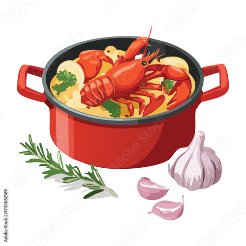 Classic Lobster Bisque Cooking in a Red Enamel Pot, Surrounded by Garlic, Rosemary, and Chili Peppers Ingredients - Vector Illustration	