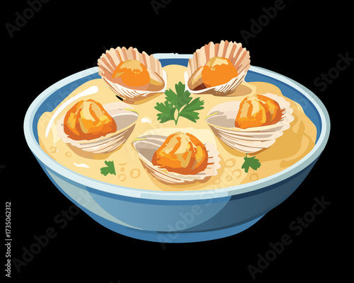 French-style baked scallops in their shells with a rich creamy sauce and fresh parsley garnish, served in a light blue bowl - Vector Illustration	