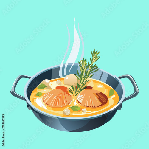Hot Steaming Bowl of Scallops in Cream Sauce Garnished with Rosemary, Ready to be Enjoyed Immediately - Vector Illustration	