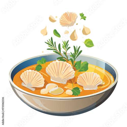 Scallops and Clams with a Dash of Olive Oil and Fresh Parsley Served in a Warm Bowl with Steaming Broth - Vector Illustration	