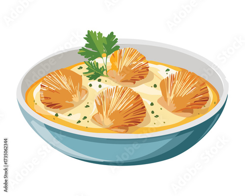 Scallops and Herbs in a Creamy White Sauce Served in a Shallow Blue Bowl, Perfect as a Warm Appetizer - Vector Illustration	