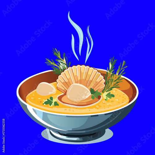 Steaming Bowl of Fresh Scallops in a Shell and Herbs in a Savory Broth, a Delightful Seafood Experience - Vector Illustration	