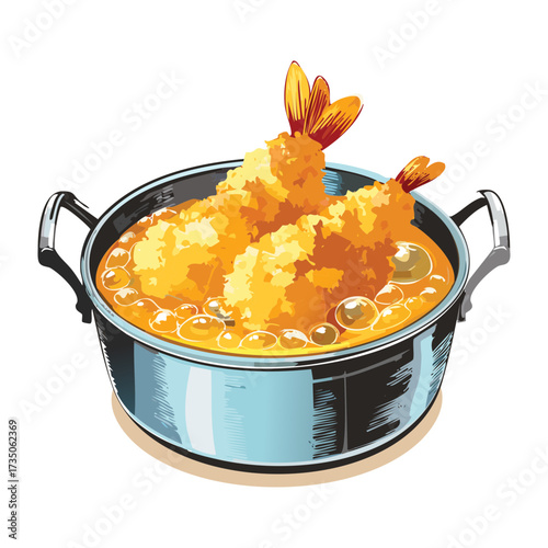 Tempura Fried Shrimp and Scallops in a Small Round Metal Pot Submerged in a Flavorful Light Broth - Vector Illustration	