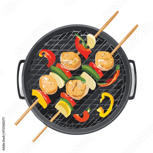 Grilled Kebab Skewers with Assorted Meat and Vegetables Cooking on a Classic Round Barbecue Grate - Vector Illustration	